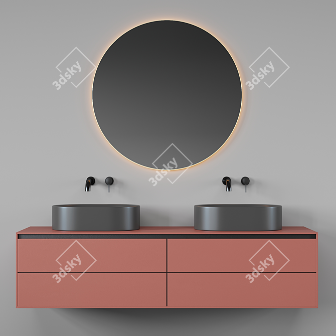 Bathroom Fixture Ensemble with Sink, Faucets & Mirror 3D model image 1