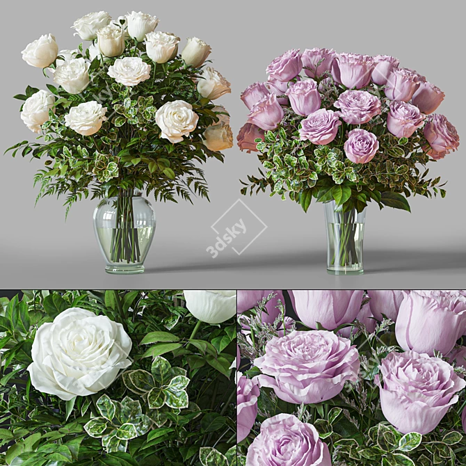 White Pink Rose Bouquet Set 3D model image 1