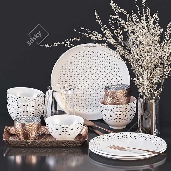 Monochrome Dinnerware Set with Glass 3D model image 1