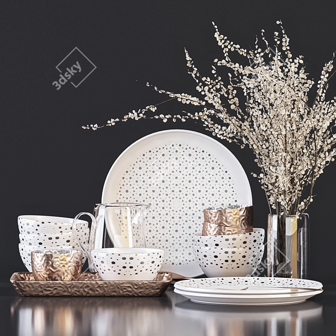 Monochrome Dinnerware Set with Glass 3D model image 2