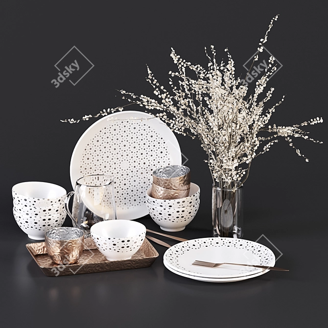 Monochrome Dinnerware Set with Glass 3D model image 6