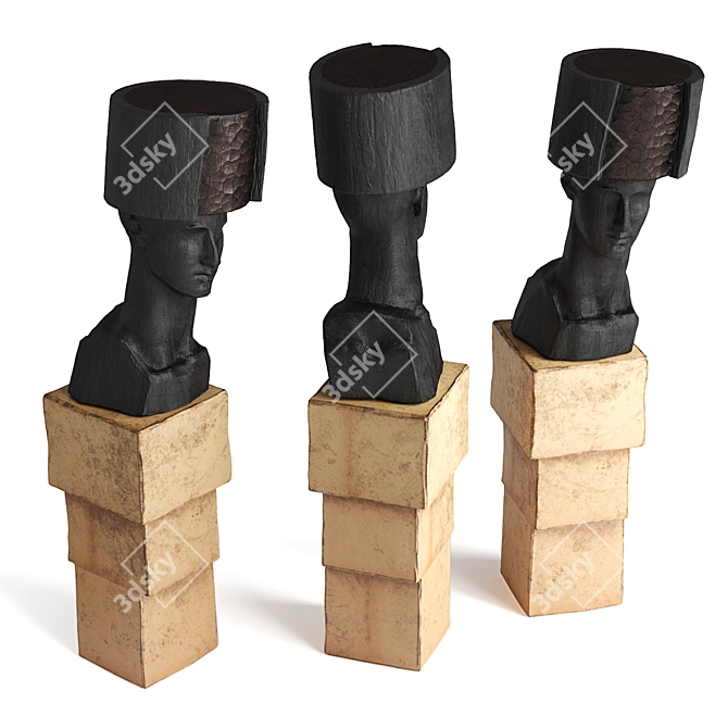 Black Wooden Bust with Hat 3D model image 2