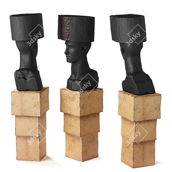 Black Wooden Bust with Hat 3D model image 3