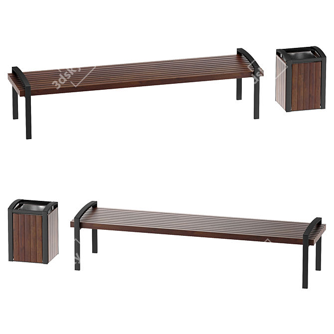 Industrial Style Bench and Bin 3D model image 1