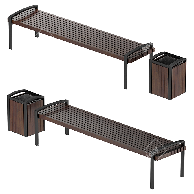 Industrial Style Bench and Bin 3D model image 2