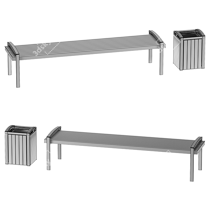 Industrial Style Bench and Bin 3D model image 3