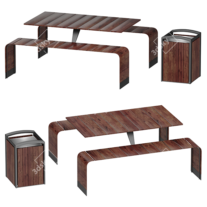 Industrial Style Bench with Bin 3D model image 1