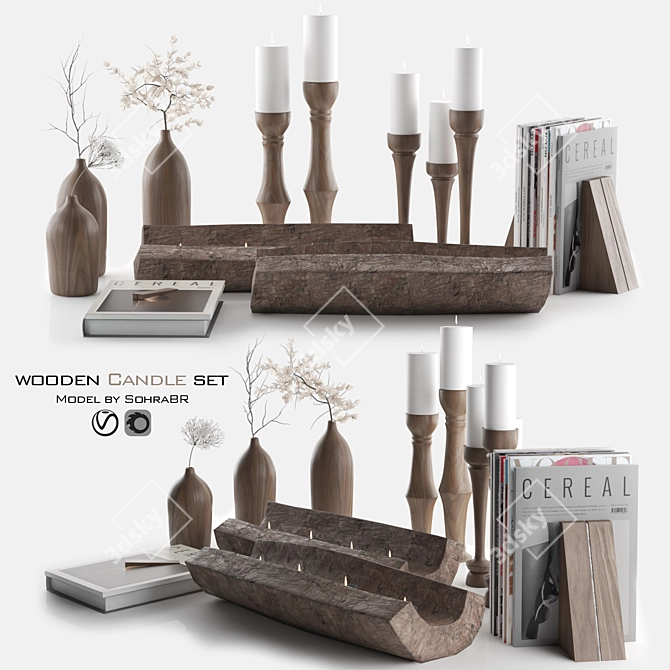 Bohemian Wood Candle Holder Set 3D model image 1