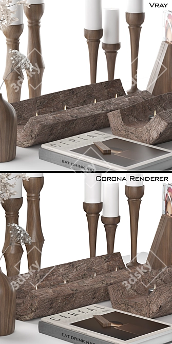 Bohemian Wood Candle Holder Set 3D model image 4