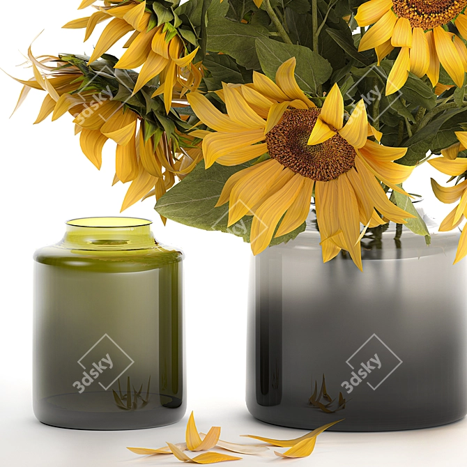 Sunflower Bouquet in Glass Vase 3D model image 3