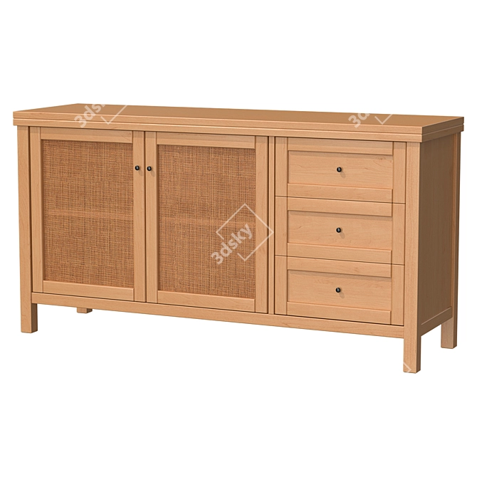 Gabin Pine Wood and Wicker Buffet 3D model image 2