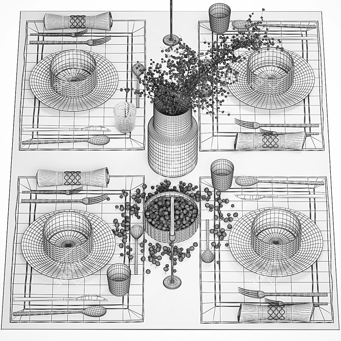 Rustic Eco Table Setting with Blueberry Bouquet 3D model image 6