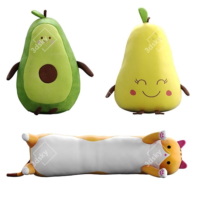 Soft Toy Set: Avocado, Pear & Kitty 3D model image 1