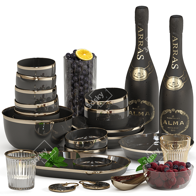 Luxury Cookware Set with Sparkling Bottle 3D model image 1