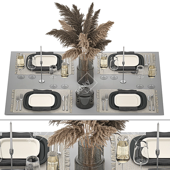 Eco Style Table Setting for 4 with Dried Cortaderia Bouquet 3D model image 1