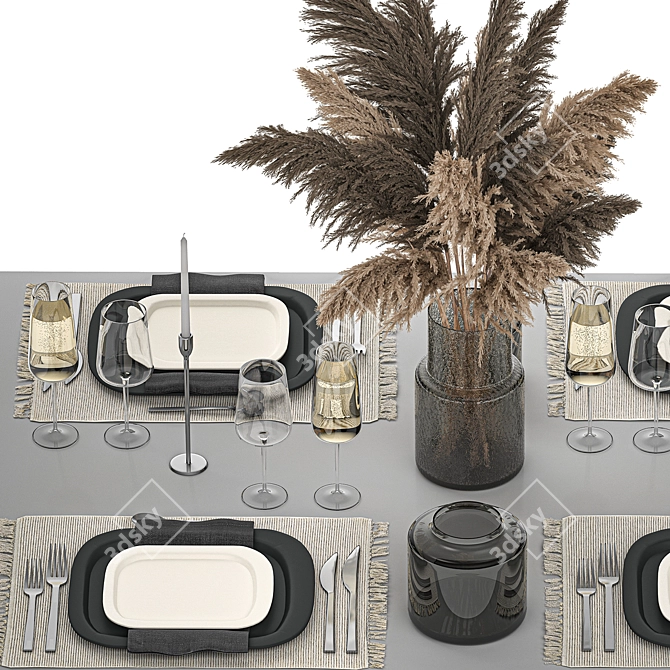 Eco Style Table Setting for 4 with Dried Cortaderia Bouquet 3D model image 3