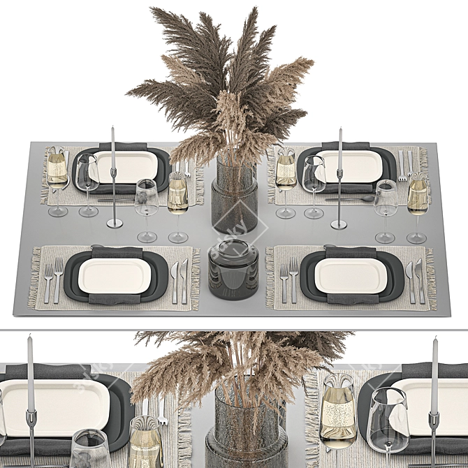 Eco Style Table Setting for 4 with Dried Cortaderia Bouquet 3D model image 8