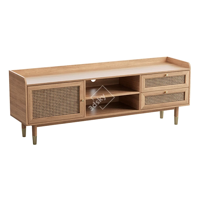 Boho-Chic Wood & Rattan TV Stand 3D model image 1