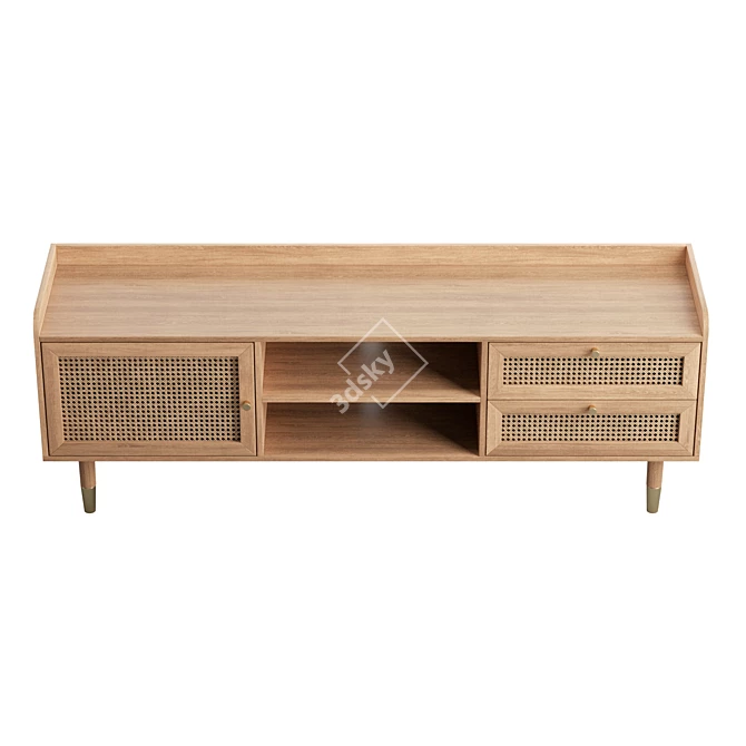 Boho-Chic Wood & Rattan TV Stand 3D model image 3