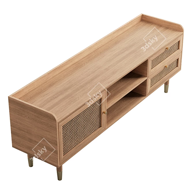 Boho-Chic Wood & Rattan TV Stand 3D model image 5