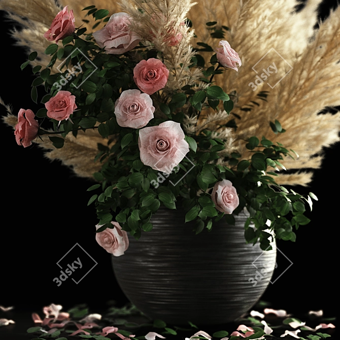 Elegant Pampas Grass Rose Decor 3D model image 4