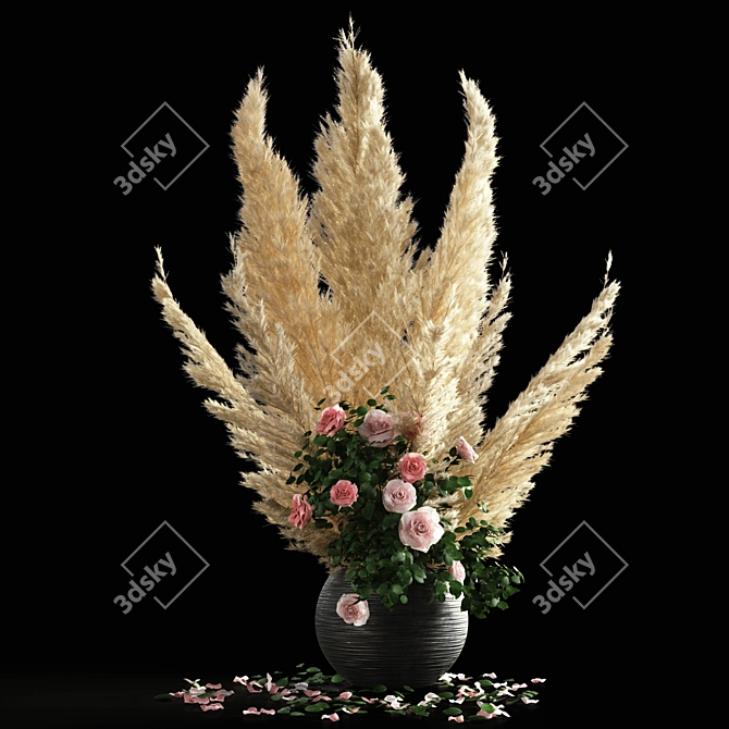 Elegant Pampas Grass Rose Decor 3D model image 6