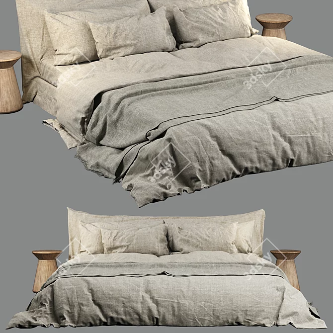 Soft Linen Bed Set Neutral 3D model image 1