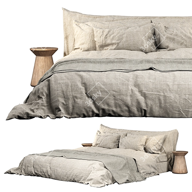 Soft Linen Bed Set Neutral 3D model image 2