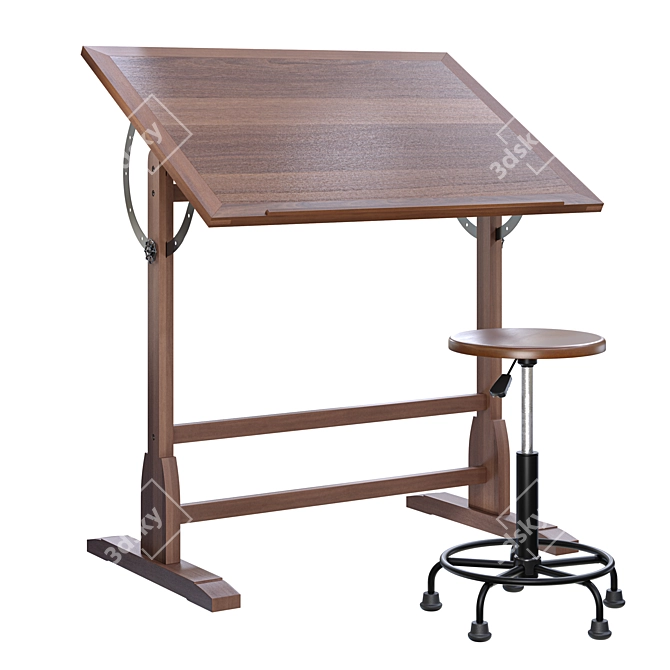 Retro Drafting Table & Stool 3D model image 1