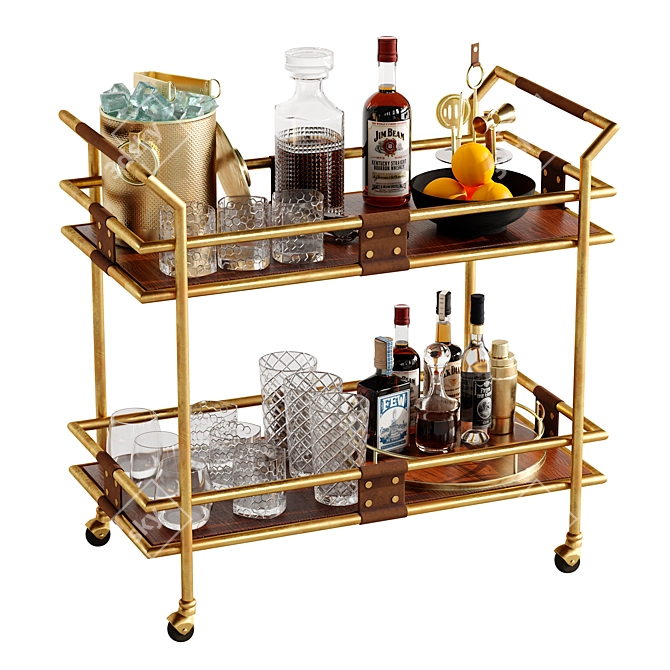 Elegant Gold Bar Cart Set 3D model image 1