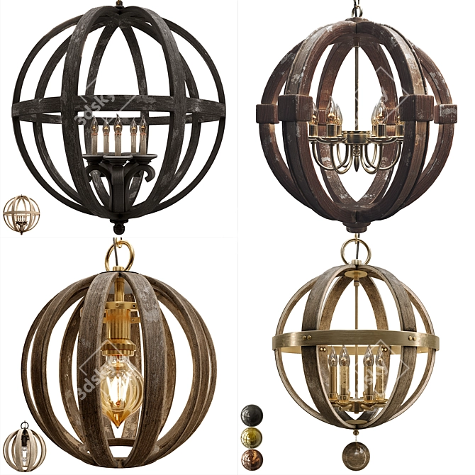 Vintage Wood Iron Pendant Lamp 3D model image 2