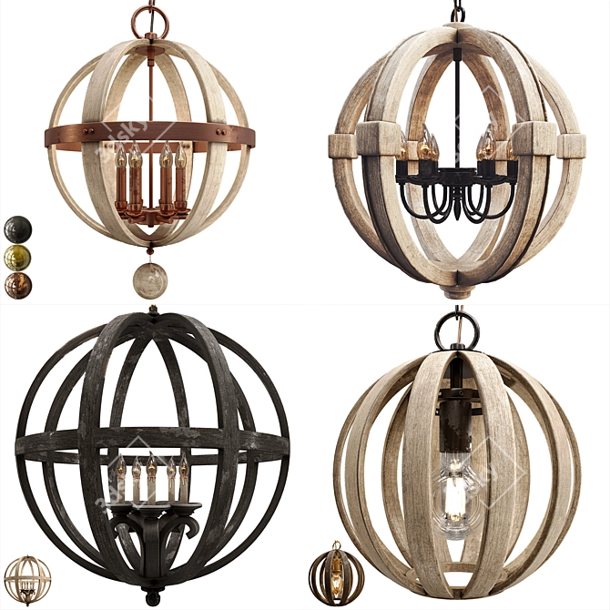 Vintage Wood Iron Pendant Lamp 3D model image 3