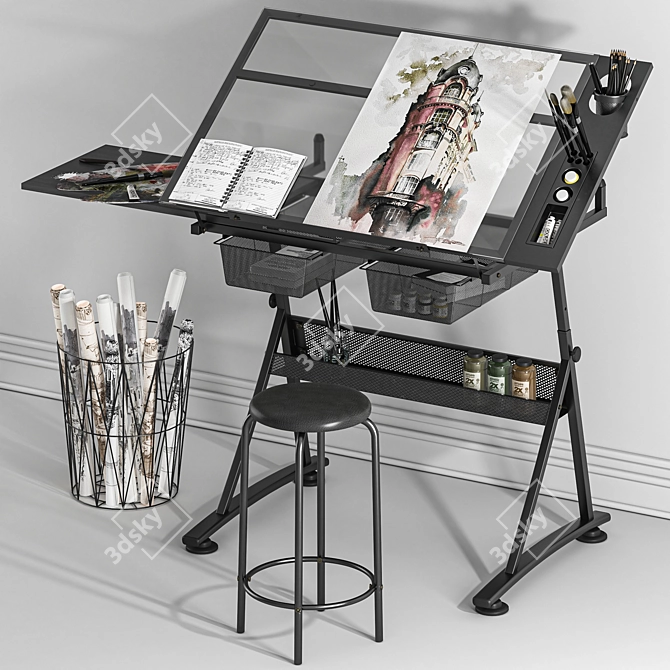 Modern Drafting Desk Set 3D model image 2