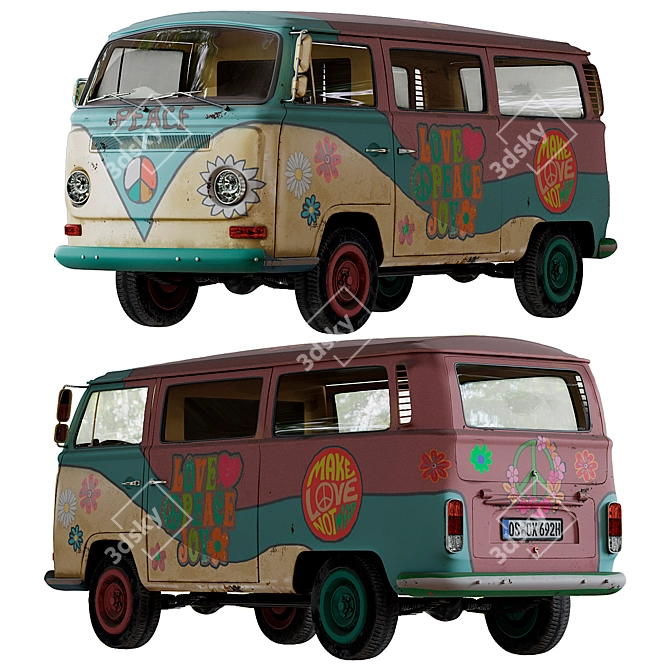 Hippie VW T2 Bus 3D model image 2