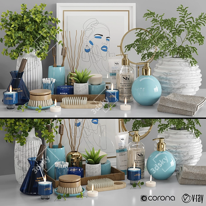 Blue Lady Bathroom Set: Flowers, Candle & More 3D model image 1