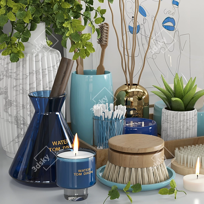 Blue Lady Bathroom Set: Flowers, Candle & More 3D model image 2