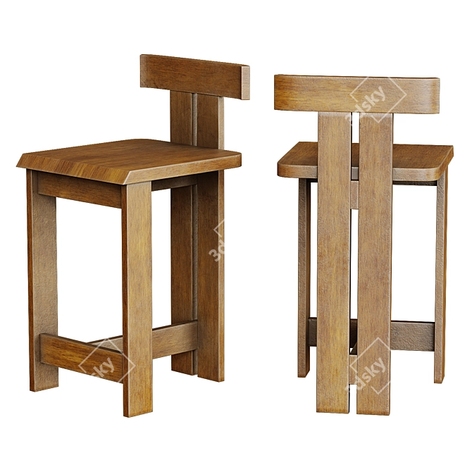 Retro Wooden Bar Stool 3D model image 1