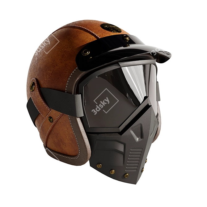 Vintage Leather Motorcycle Helmet Set 3D model image 2