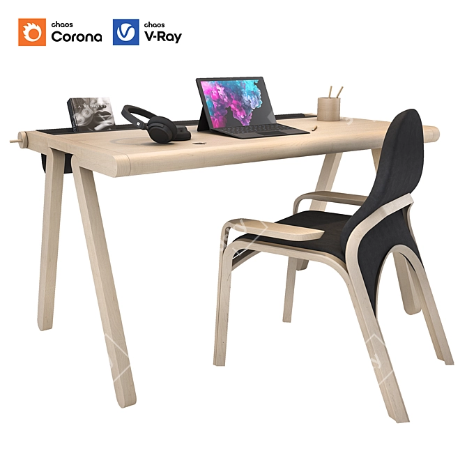 Modern Leather-Wood Desk Set 3D model image 1