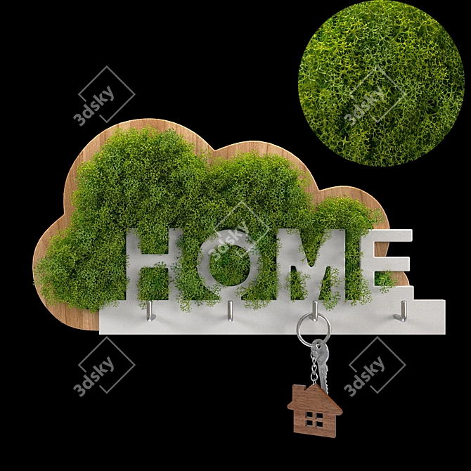 Wooden Cloud Keyholder with Moss 3D model image 1