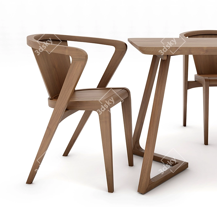 Scandinavian Wooden Dining Chair & Table 3D model image 2