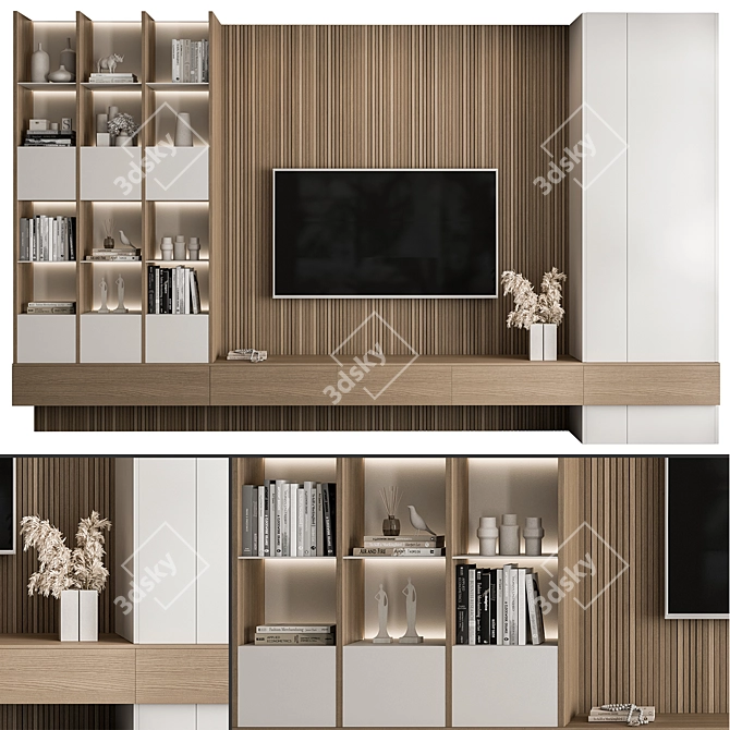 Modern White Wood TV Wall 3D model image 1