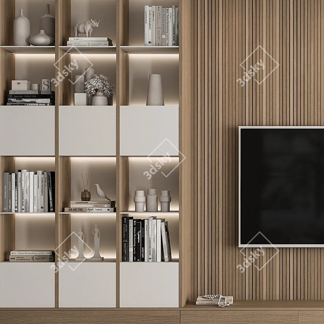 Modern White Wood TV Wall 3D model image 2