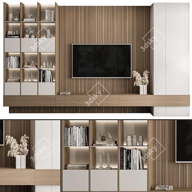 Modern White Wood TV Wall 3D model image 4