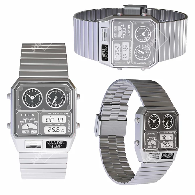 Vintage Retro Ana-Digi Citizen Watch 3D model image 4