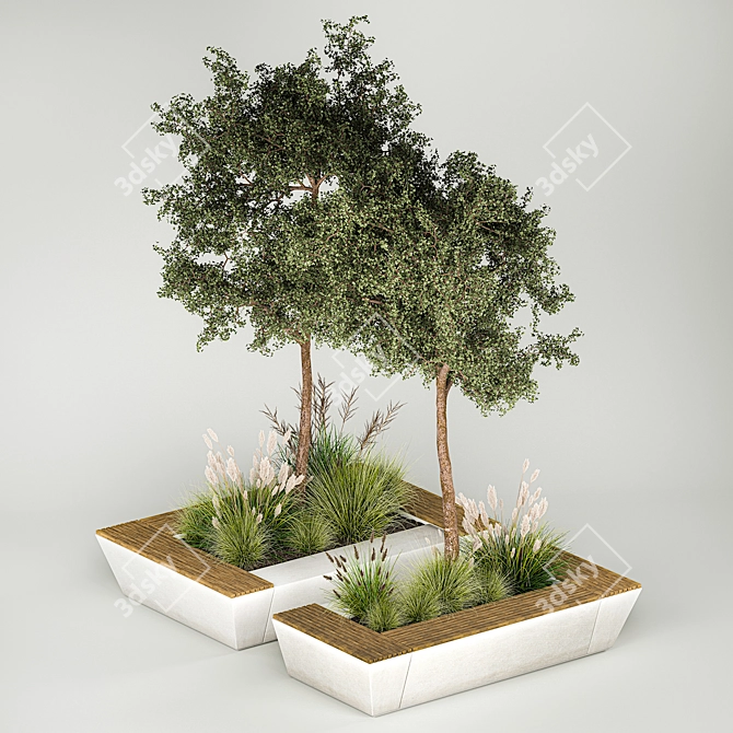 Concrete Garden Plant Collection and Bench 3D model image 2