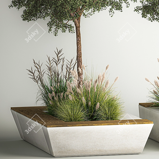 Concrete Garden Plant Collection and Bench 3D model image 3