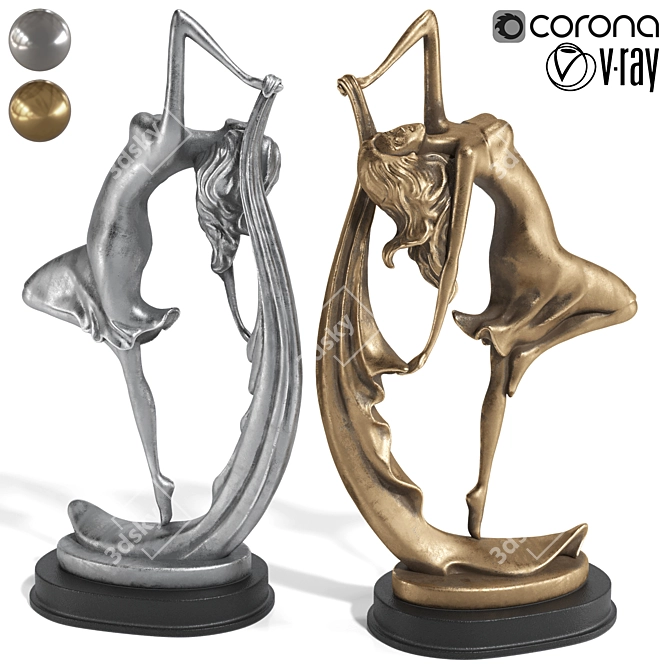 Golden Black Dancer Statues Pair 3D model image 1