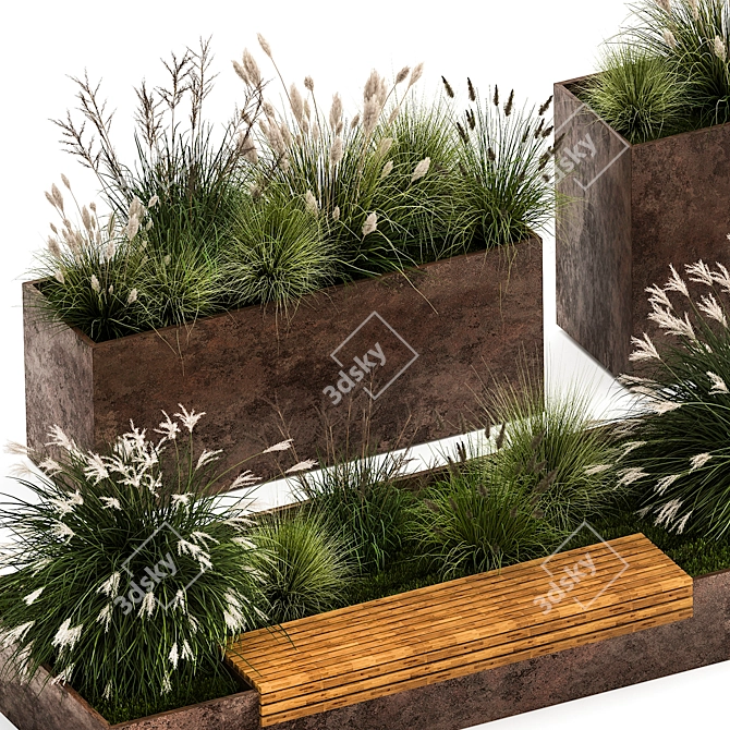 Urban Oasis Collection: Metal Bench & Rustic Planters 3D model image 4