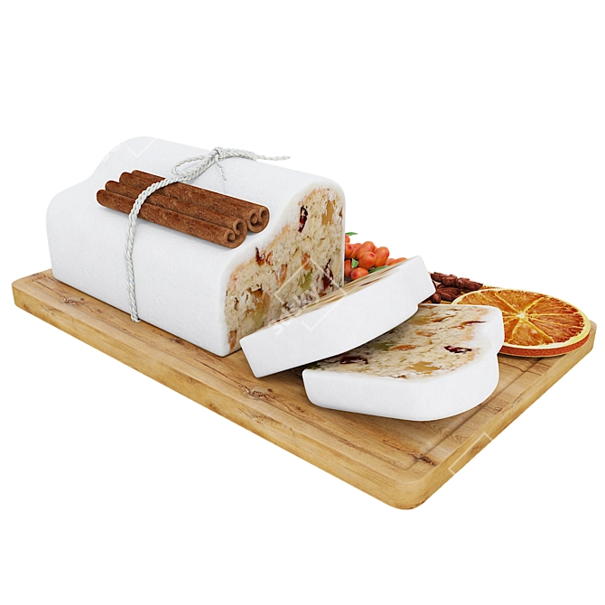 Festive Christmas Cake on Wooden Tray 3D model image 3